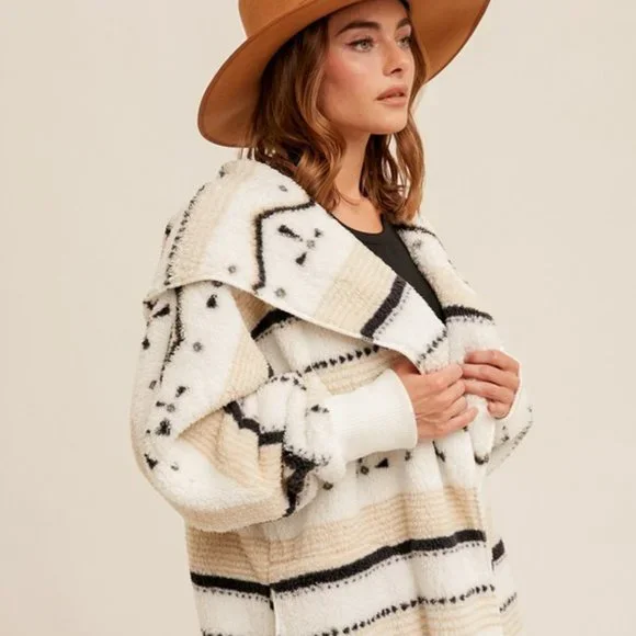 New Cozy Oversized Teddy Hooded Cardigan Sweater Coat / Western Southwest - Picture 3 of 8